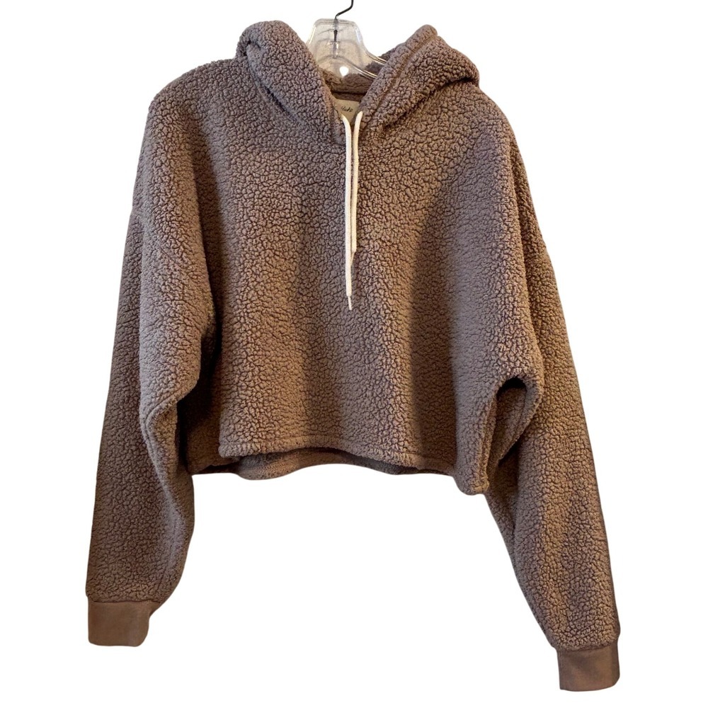 Gilly Hicks Fuzzy Fleece Cropped Hoodie Sweatshirt Tan Size L